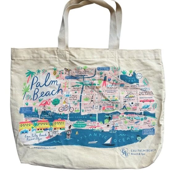 EAU Palm Beach Resort Canvas Tote Beach Bag Map Libby VanderPloeg 20x14 - Picture 6 of 6